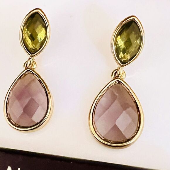 Anne Klein AK Earrings Pink Green Crystals Dangle Drop Gold Tone Pierced 1079 - Picture 2 of 8